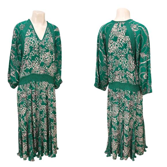 Vintage 1980s Diane Freis Green Midi Dress Nautical Baroque Print / L/XL - - Picture 3 of 4